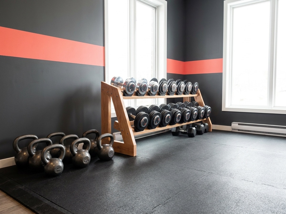 Dumbbell rack and kettlebells in the strength corner
