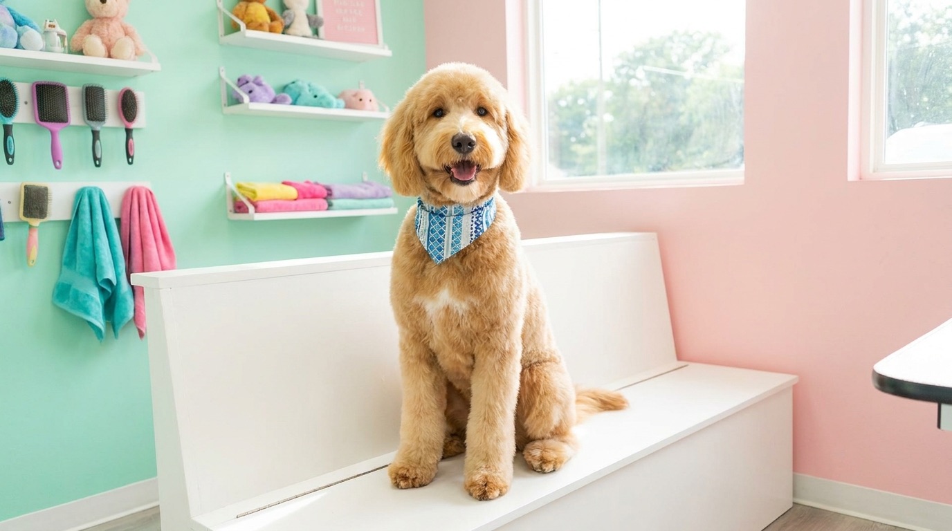 Freshly groomed golden doodle wearing a bandana
