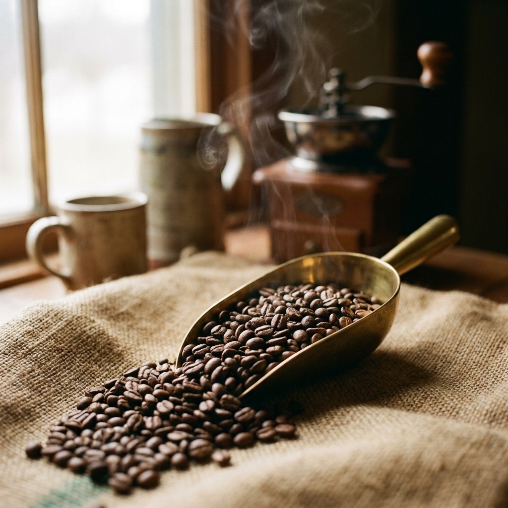 Freshly roasted coffee beans in a brass scoop