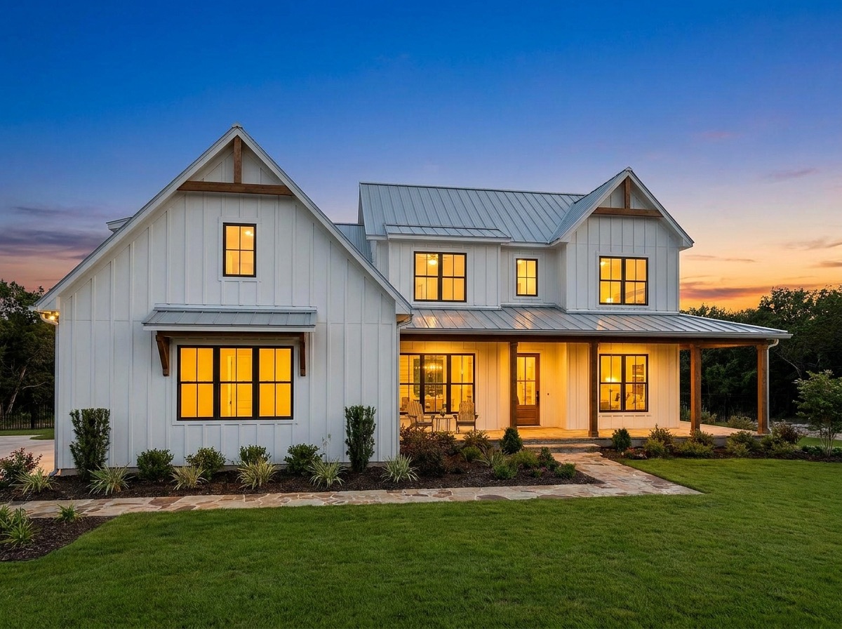 Modern farmhouse at dusk