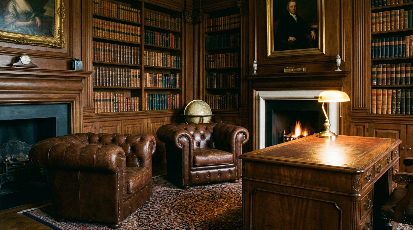 Classic law office library with walnut shelves and leather chairs