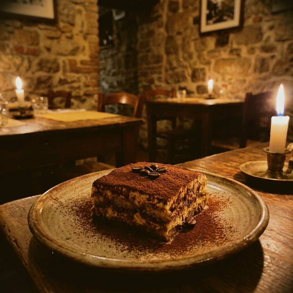 Tiramisu with dusted cocoa by candlelight