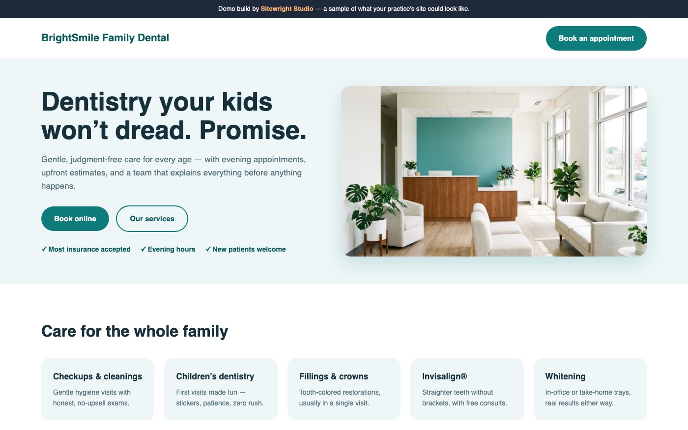 Screenshot of the BrightSmile Family Dental demo website