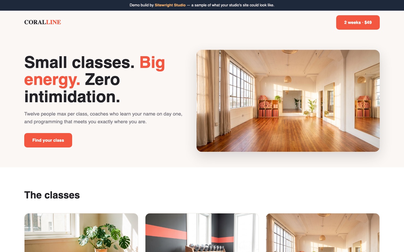 Screenshot of the Coralline Fitness demo website