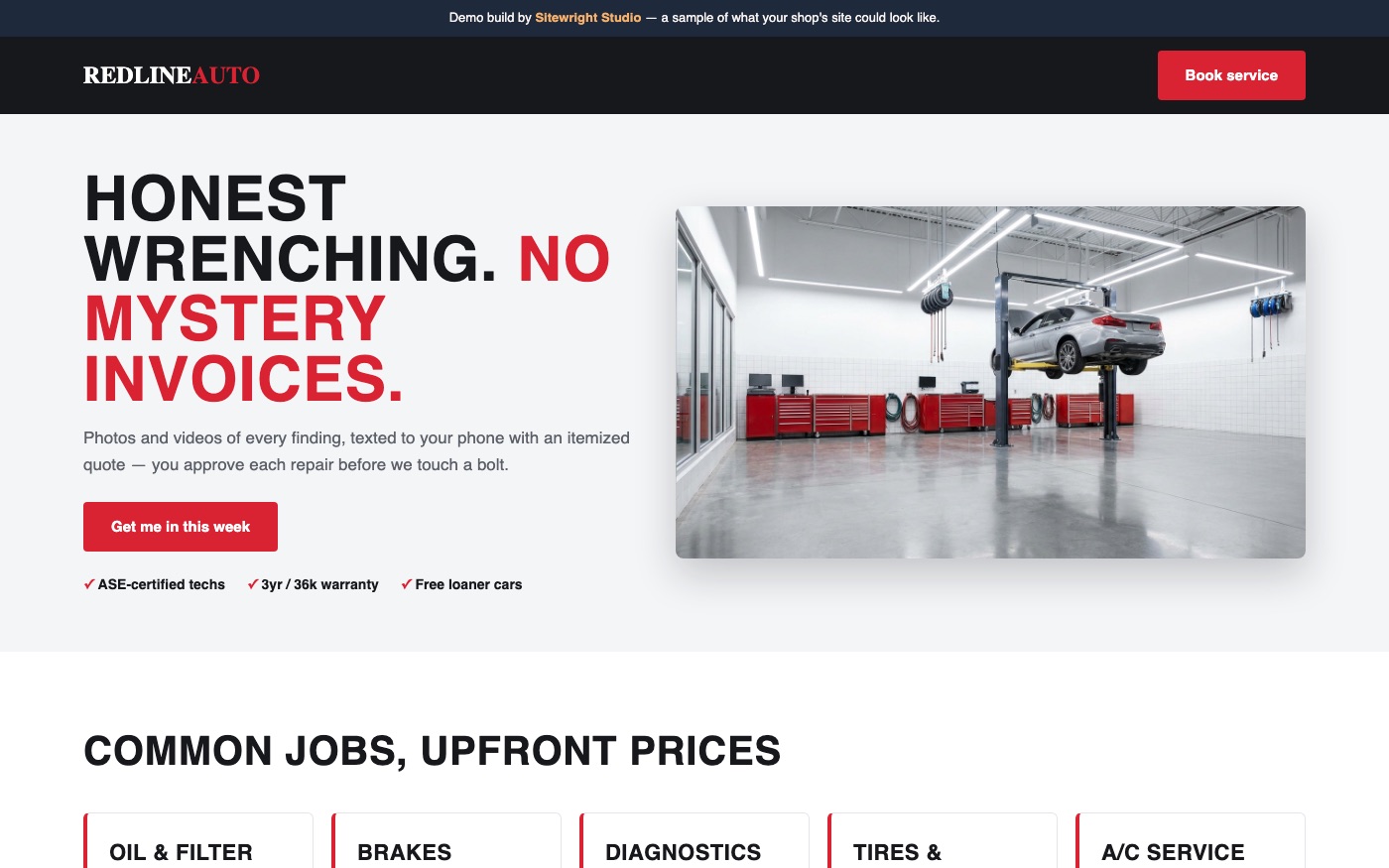 Screenshot of the Redline Auto Care demo website